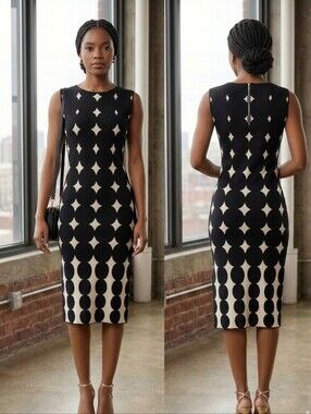 "New" Sleeveless Black and White Geometric Sheath Dress
